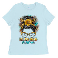 Baby Blue blessed mama messy bun Ladies Tee - BarkalooDesign