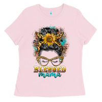 Bubblegum Pink blessed mama messy bun Ladies Tee - BarkalooDesign