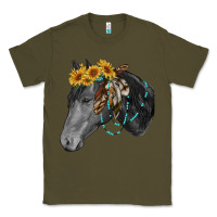 Army Green black and white western horse Classic Tee - RanaPortraitStore