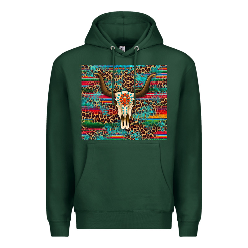 Western Serape Leopard Bull Skull Turquoise Tumbler Premium Hoodie by Artiststas | Teevron