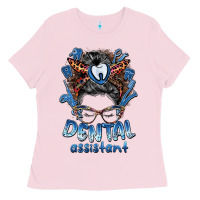 Bubblegum Pink dental assistant messy bun Ladies Tee - BarkalooDesign