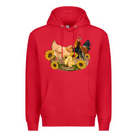 Red western coop animals farm chicken chick rooster sunflowers Premium Hoodie - Artiststas