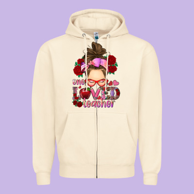 Zipper Hoodie one loved teacher messy bun