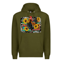 Army Green western rooster coop animals sunflowers cowhide serape wooden Premium Hoodie - Artiststas
