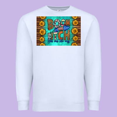 Boom Bitch Get Out The Way Skinny Metal Can Holder Premium Sweatshirt Designed By Hra Design Shop