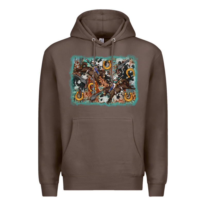 Bucking Bronco Rodeo Revolver Western Background Premium Hoodie by AdoDesignShop | Teevron