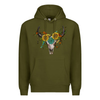 Army Green boho bullskull with sunflower and gemstone Premium Hoodie - Artiststas