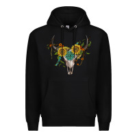 Black boho bullskull with sunflower and gemstone Premium Hoodie - Artiststas