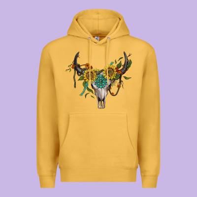 Boho Bullskull With Sunflower And Gemstone Premium Hoodie Designed By Artiststas