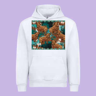 Turquoises Gemstones Cowhide Highlands Cow Urban Hoodie Designed By Barkaloodesign