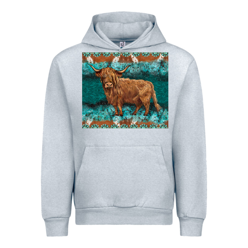 Turquoises Gemstones Cowhide Highland Cow Urban Hoodie by BarkalooDesign | Teevron