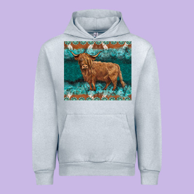 Turquoises Gemstones Cowhide Highland Cow Urban Hoodie Designed By Barkaloodesign