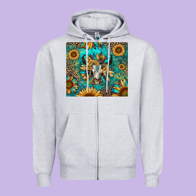 Zipper Hoodie bull skull sunflowers