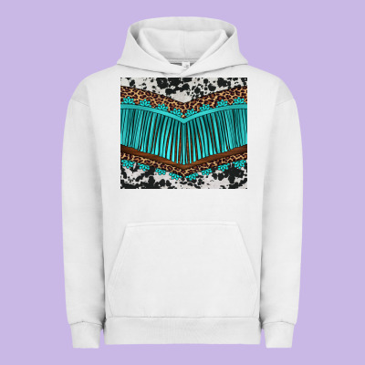 Western Cowhide Leopard Turquoise Fringed Urban Hoodie Designed By Barkaloodesign