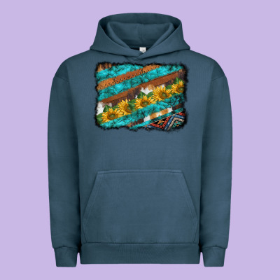 Western Aztec Sunflowers Turquoise Cowhide Background Urban Hoodie Designed By Barkaloodesign