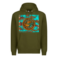 Army Green cowboy hat turquoise aztec background old wheel Premium Hoodie - Artiststas