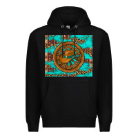 Black cowboy hat turquoise aztec background old wheel Premium Hoodie - Artiststas