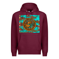 Burgundy cowboy hat turquoise aztec background old wheel Premium Hoodie - Artiststas