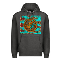 Charcoal Heather cowboy hat turquoise aztec background old wheel Premium Hoodie - Artiststas