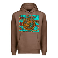Chestnut cowboy hat turquoise aztec background old wheel Premium Hoodie - Artiststas