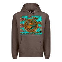 Coffee cowboy hat turquoise aztec background old wheel Premium Hoodie - Artiststas