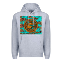 Heather Grey cowboy hat turquoise aztec background old wheel Premium Hoodie - Artiststas