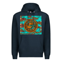 Navy cowboy hat turquoise aztec background old wheel Premium Hoodie - Artiststas