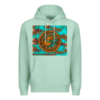 Seafoam cowboy hat turquoise aztec background old wheel Premium Hoodie - Artiststas