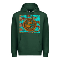 Sports Green cowboy hat turquoise aztec background old wheel Premium Hoodie - Artiststas