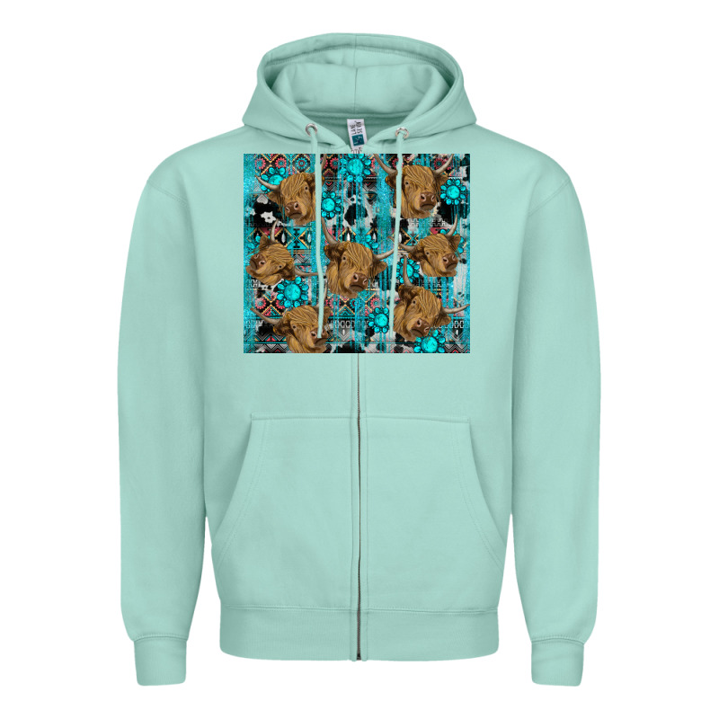 Western Aztec Highland Cow Zipper Hoodie by RanaPortraitStore | Teevron