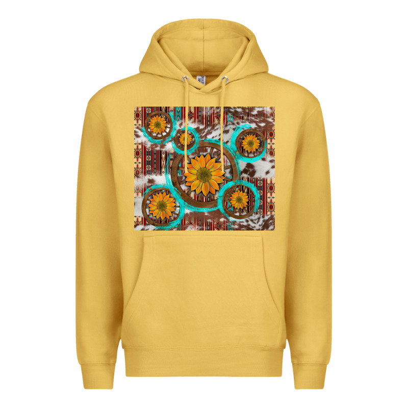Sunflowers And Western Old Wheel Aztec Cowhide Background Premium Hoodie by Artiststas | Teevron