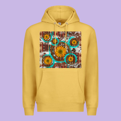 Sunflowers And Western Old Wheel Aztec Cowhide Background Premium Hoodie Designed By Artiststas