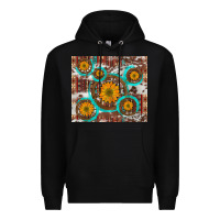 Black sunflowers and western old wheel aztec cowhide background Premium Hoodie - Artiststas