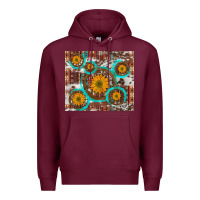 Burgundy sunflowers and western old wheel aztec cowhide background Premium Hoodie - Artiststas