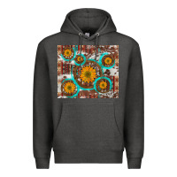 Charcoal Heather sunflowers and western old wheel aztec cowhide background Premium Hoodie - Artiststas