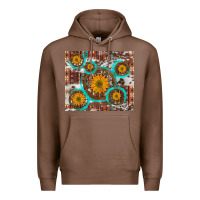Chestnut sunflowers and western old wheel aztec cowhide background Premium Hoodie - Artiststas