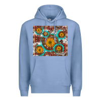 Colony Blue sunflowers and western old wheel aztec cowhide background Premium Hoodie - Artiststas