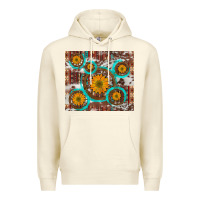 Sandshell sunflowers and western old wheel aztec cowhide background Premium Hoodie - Artiststas