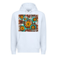 White sunflowers and western old wheel aztec cowhide background Premium Hoodie - Artiststas