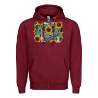 Burgundy western sunflowers turquoise cowhide background Zipper Hoodie - RanaPortraitStore