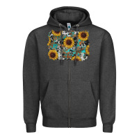 Charcoal Heather western sunflowers turquoise cowhide background Zipper Hoodie - RanaPortraitStore
