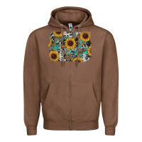 Chestnut western sunflowers turquoise cowhide background Zipper Hoodie - RanaPortraitStore