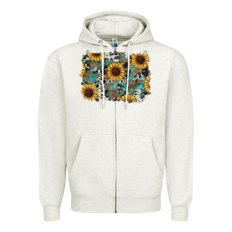 Western Sunflowers Turquoise Cowhide Background Zipper Hoodie by RanaPortraitStore | Teevron