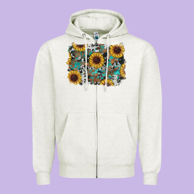 Zipper Hoodie western sunflowers turquoise cowhide background
