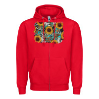 Red western sunflowers turquoise cowhide background Zipper Hoodie - RanaPortraitStore