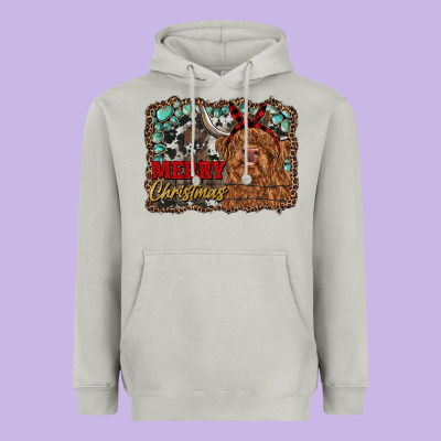 Merry Christmas Highland Cow Heavyweight Hoodie Designed By Ranaportraitstore