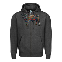 Charcoal Heather black angus bull with western patterns Zipper Hoodie - RanaPortraitStore