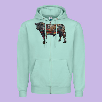 Zipper Hoodie black angus bull with western patterns
