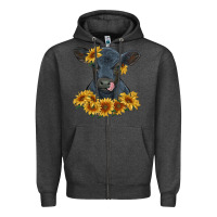 Charcoal Heather black angus calf with sunflowers Zipper Hoodie - RanaPortraitStore