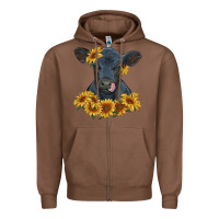 Chestnut black angus calf with sunflowers Zipper Hoodie - RanaPortraitStore